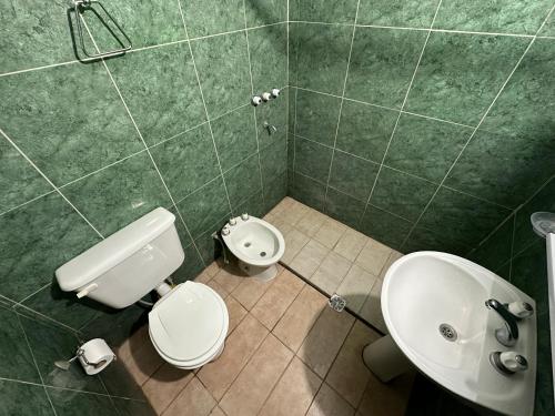 a green bathroom with a toilet and a sink at Depto Villa Unión I in Villa Unión