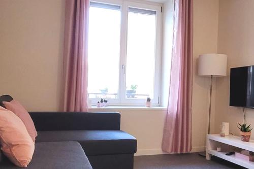 un salon avec un canapé et une fenêtre dans l'établissement Appartement Terrasse 17 m² Centre historique, à Lons-le-Saunier