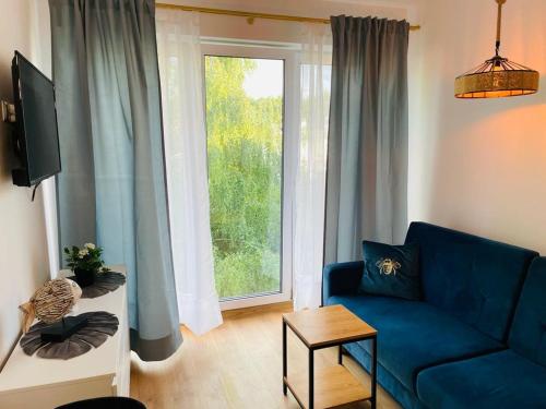 - un salon avec un canapé bleu et une fenêtre dans l'établissement Apartamenty Bałtyckie, à Sopot