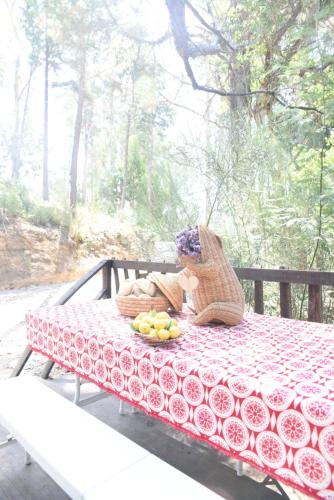 una mesa de picnic con un plato de fruta. en Vumba Agroturismo, en Arganil