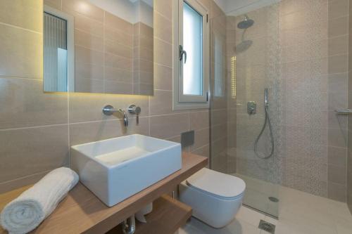 een badkamer met een wastafel, een toilet en een douche bij Villa Daphne in Tsilivi