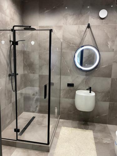 bagno con doccia, lavandino e specchio di Apartment Delmar Lux ЦЕНТР a Dnipro