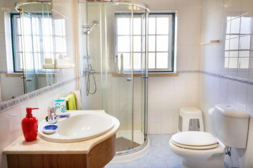 y baño con lavabo, ducha y aseo. en Avó das Bolachas House, en Famalicão