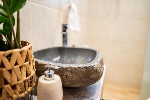 un bagno con lavandino in pietra e pianta di Kosnian City Suites B a Città di Kos
