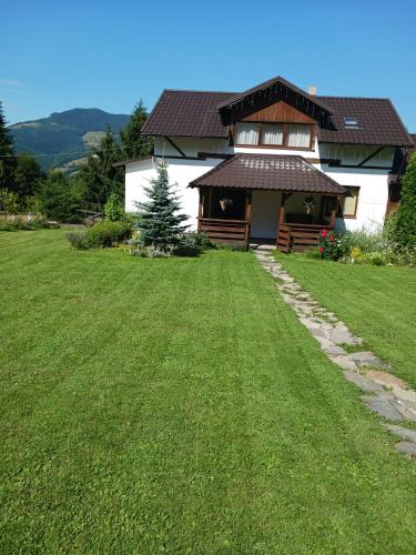 une maison avec une pelouse verte devant elle dans l'établissement Cabana Trei Brazi Colibita, à Colibiţa
