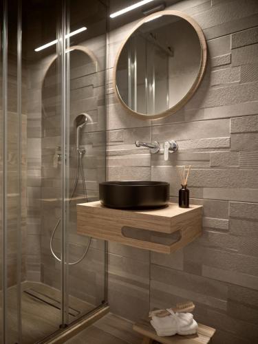 a bathroom with a sink and a shower at La Maison Du Maire - Luxury Villa with Private Pool, by ZanteWize in Sarakinádhon