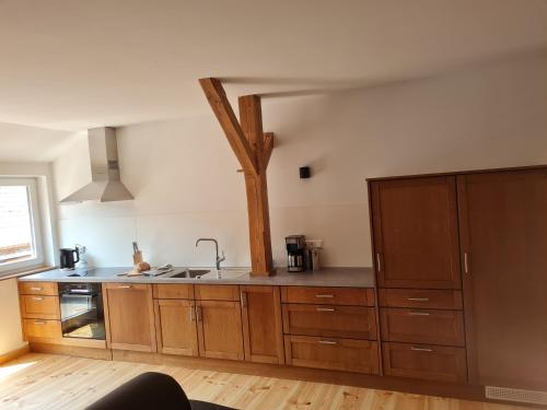 una cocina con armarios de madera y fregadero en Dammann's Hof en Bispingen