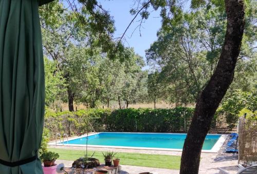 a view of a swimming pool from a patio at Casa Rural Viñas Perdidas in Béjar