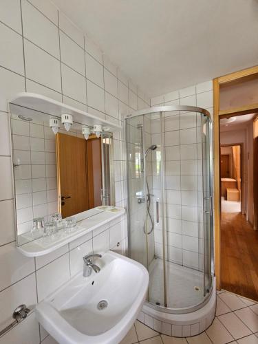 uma casa de banho branca com um lavatório e um chuveiro em Čandrova koča em Hocko Pohorje