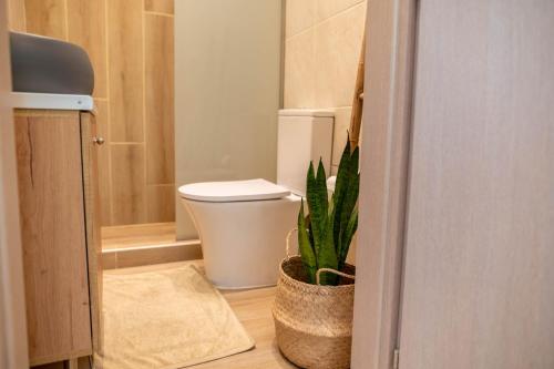 a bathroom with a toilet and a potted plant at Kosnian City Suites in Kos