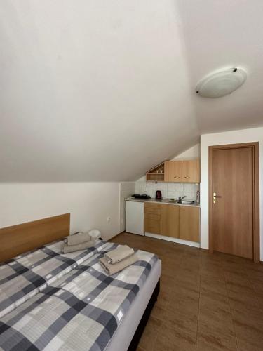 1 dormitorio con 2 camas y cocina en Penzion Vinařský dům PÁLAVA, en Strachotín