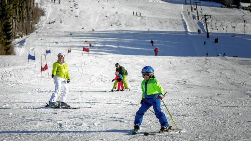 a group of people skiing down a snow covered slope at Almzeithütte am Seeberg 