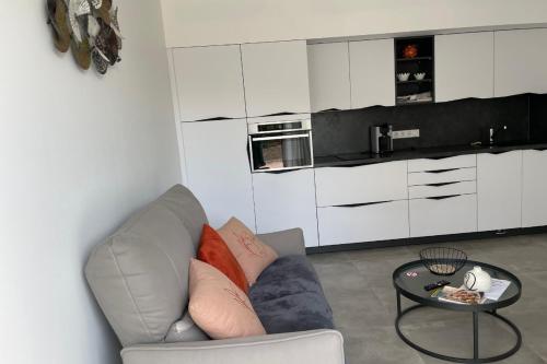 un salon avec un canapé et une table dans l'établissement Studio pour 2 personnes proche Canal du Midi - Ventenac en Minervois, à Ventenac en Minervois