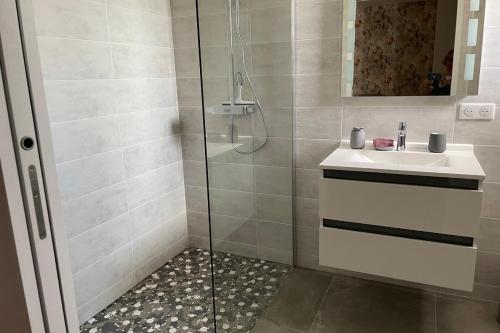 a bathroom with a shower and a sink at Studio pour 2 personnes proche Canal du Midi - Ventenac en Minervois in Ventenac en Minervois