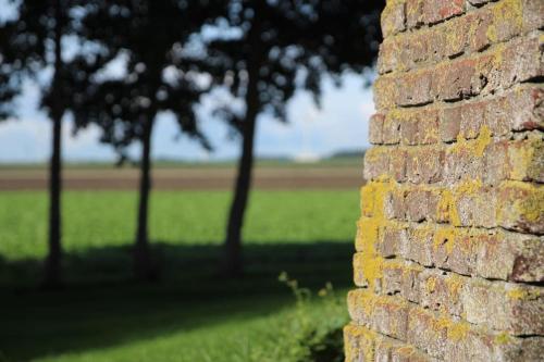 a brick wall with a field of trees in the background at Groeps-, Retreat- en Trainingsaccomodatie De Waterkroon! in Wieringerwaard