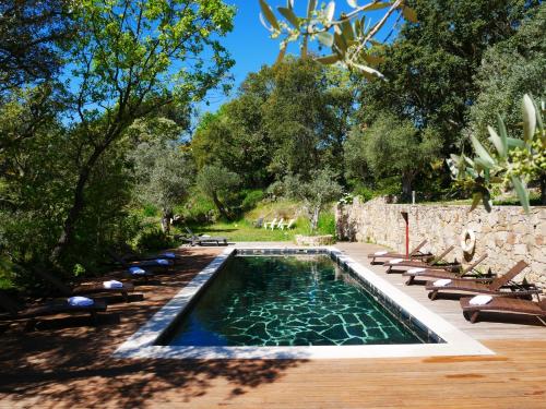a swimming pool with chairs and a stone wall at Serra Vida - A Place Of Presence in Santo António das Areias