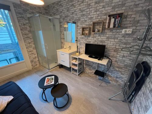 sala de estar con TV y escritorio con ordenador en MINI STUDIO DANS UN COIN DE VERDURE, en Montélimar