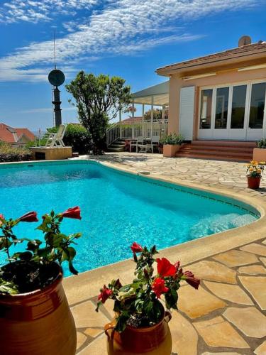 - une piscine avec deux plantes en pot à côté d'une maison dans l'établissement Havre de paix vue mer & piscine privée, à Espéro-Pax