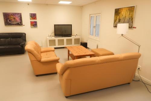 a living room with two chairs and a television at Skrå hostel - bed & business in Alnön