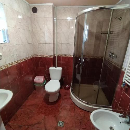 ラーゼシュチュナにあるМальваのバスルーム(シャワー、トイレ、シンク付)