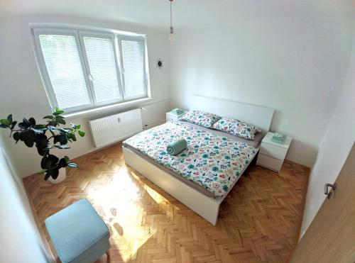 een slaapkamer met 2 bedden en een raam bij Friends & Family Apartment in Trenčín
