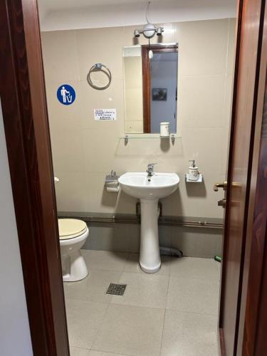 a bathroom with a sink and a toilet and a mirror at Pensiune Daniela in Corbeni
