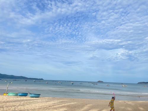 a person standing on a beach flying a kite at phòng mùa thu in Tuy Hoa