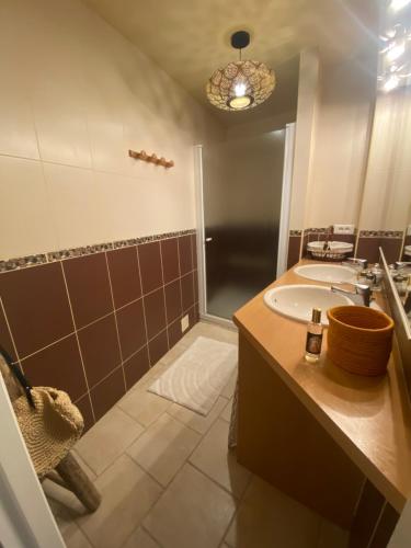 a bathroom with a sink and a shower at Gîte Thina in Brissac