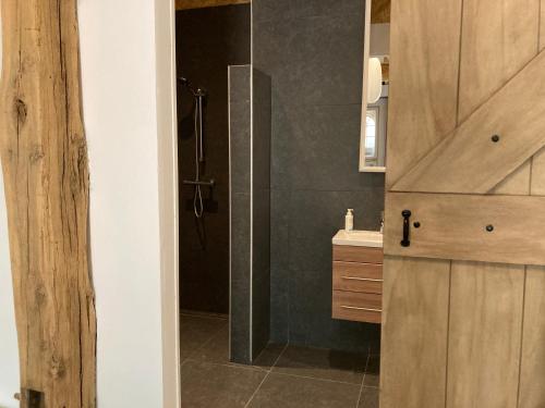 een badkamer met een douche en een wastafel bij Hoeve de Snippert in Groenlo