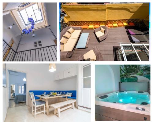 un collage de cuatro fotos de una bañera de hidromasaje en House -Rooftop&Jacuzzi -StayInSeville, en Sevilla