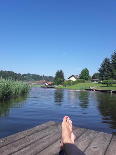 a person sitting on a dock near a body of water at Sonnenalm in Arnfels
