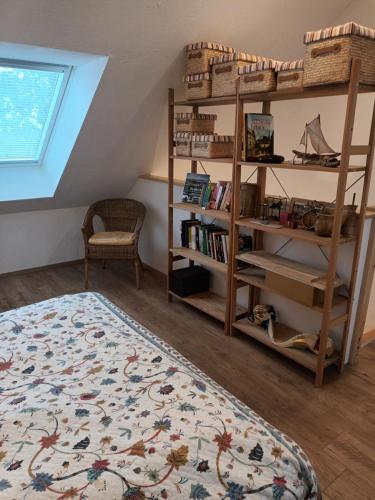 a bedroom with two bunk beds and a book shelf at Sonnenalm in Arnfels