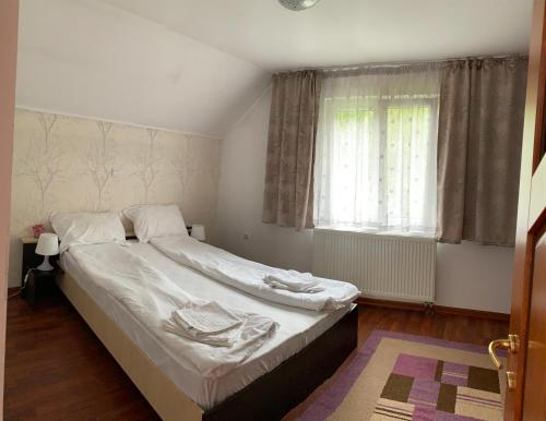 a bedroom with a bed and a window at Casa Larisa in Vişeu de Sus