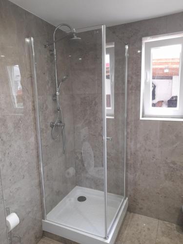 a shower with a glass door in a bathroom at Apartmany Dianka in Veľký Slavkov