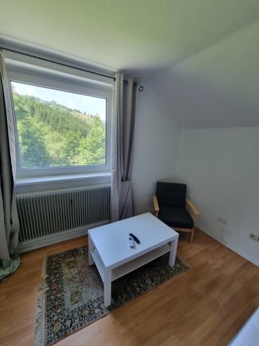 a living room with a white table and a window at Pension Waldhof am Stubenbergsee in Stubenberg