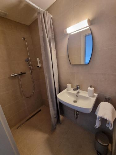 a bathroom with a sink and a shower with a mirror at Pension Waldhof am Stubenbergsee in Stubenberg