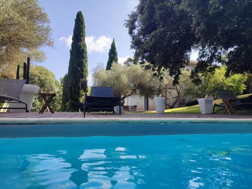 een zwembad in een tuin met bomen bij Bastide Castella in Montpellier