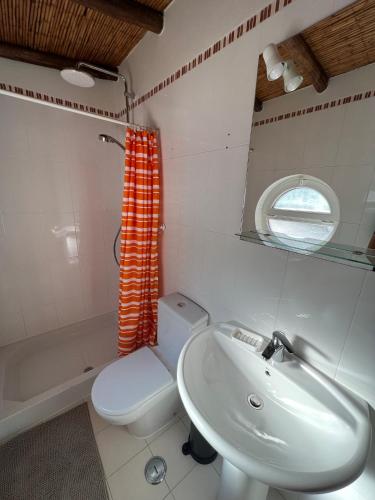 a bathroom with a sink and a toilet and a mirror at Quinta with orange and lemon trees in Silves