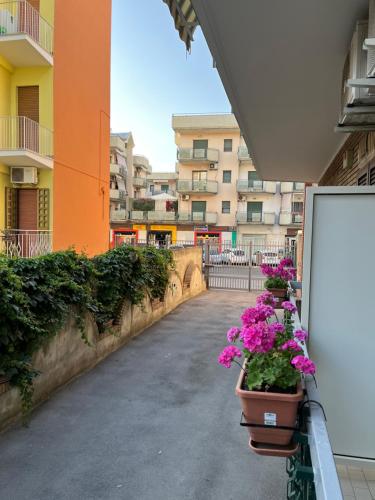 a courtyard with flowers in pots on a balcony at Pompei Art in Scafati