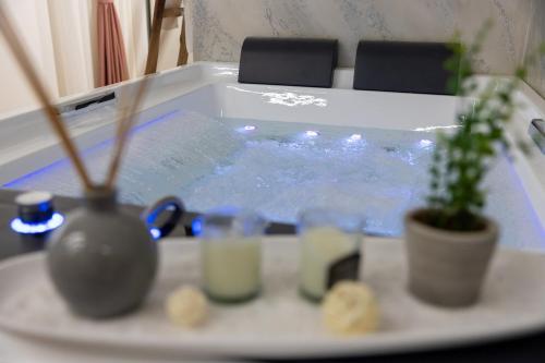 a jacuzzi tub with a potted plant and glasses at Sunbay Luxury Rooms in Vieste