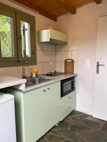 a kitchen with a sink and a microwave at Nefeli Traditional House in Alonnisos