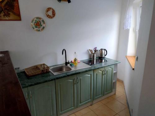 a kitchen with green cabinets and a sink at Pokoje u Małgosi in Kosewo