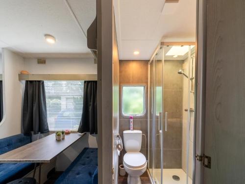 La salle de bains est pourvue d'une douche et de toilettes. dans l'établissement Cozy holiday home in Hoogeveen with garden, à De Bult