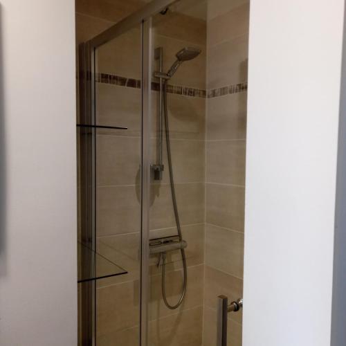 La salle de bains est pourvue d'une douche avec une porte en verre. dans l'établissement Studio Dinard, à Dinard