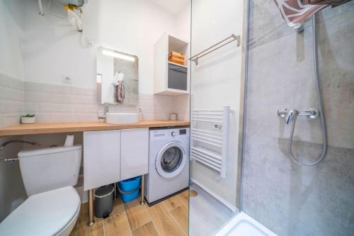 een badkamer met een douche en een wasmachine bij Le Moka II et sa terrasse Cosy in Fontaine