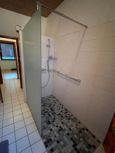 um chuveiro com uma porta de vidro na casa de banho em Ferienwohnung Atilla 