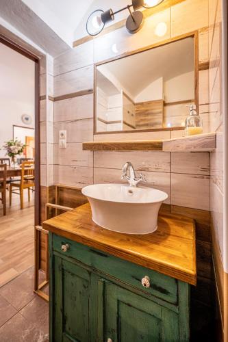 a bathroom with a sink and a mirror at Škorničkův statek in Chlum u Třeboně