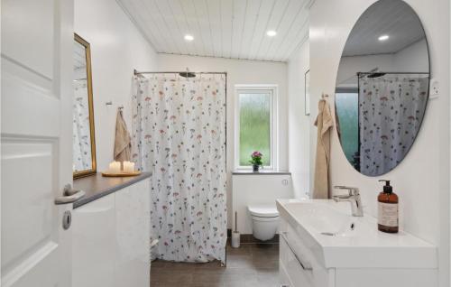 W łazience znajduje się umywalka, toaleta i lustro. w obiekcie Cozy Home In Dronningmlle With Kitchen w mieście Dronningmølle