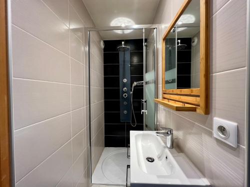 ein Bad mit einem Waschbecken und einer Dusche in der Unterkunft Spacious & modern flat close to Parc Monceau in Paris
