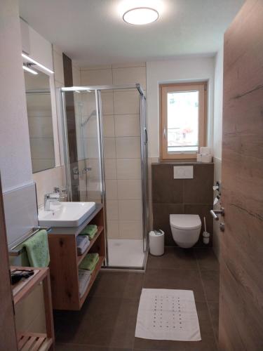een badkamer met een douche, een toilet en een wastafel bij Apart Anna in Mayrhofen